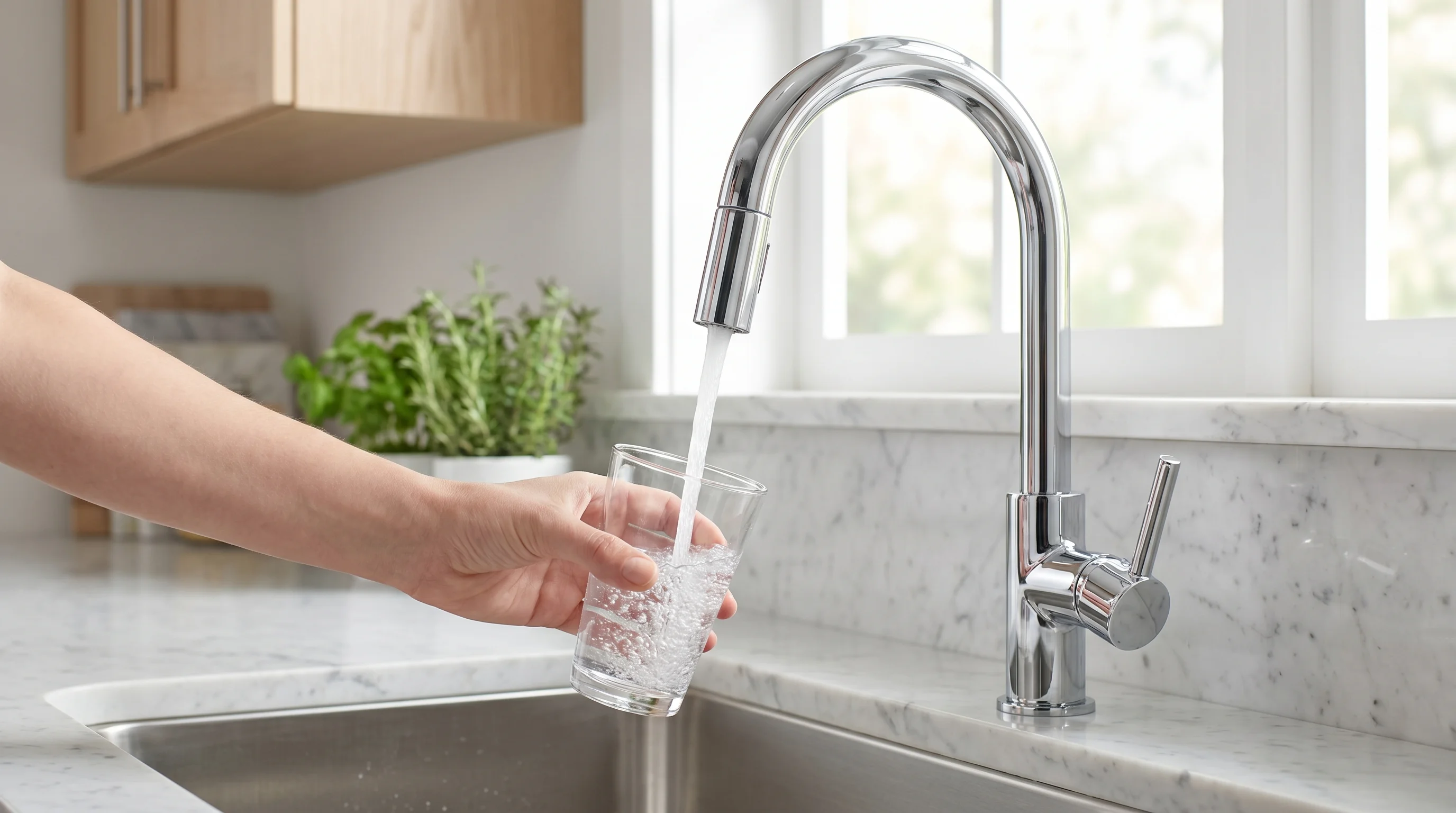 Clean filtered water from a kitchen faucet